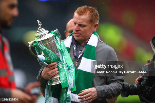 Neil Lennon the head coach / manager of Celtic with the William Hill Scottish Cup during the William Hill Scottish Cup final between Heart of...