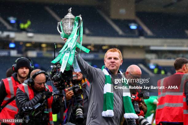 Neil Lennon the head coach / manager of Celtic with the William Hill Scottish Cup during the William Hill Scottish Cup final between Heart of...