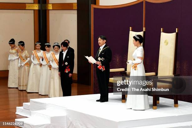 New Emperor Naruhito addresses while Empress Masako , Crown Prince Akishino , Crown Princess Kiko of Akishino , Princess Mako of Akishino , Princess...