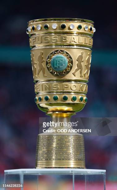 The German Cup trophy is on display prior to the German Cup Final football match RB Leipzig v FC Bayern Munich at the Olympic Stadium in Berlin on...