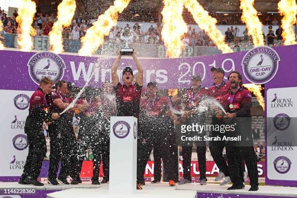 Tom Abell lifts the trophy as Somerset players celebrate victory at the end of the Royal London One Day Cup Final match between Somerset and...