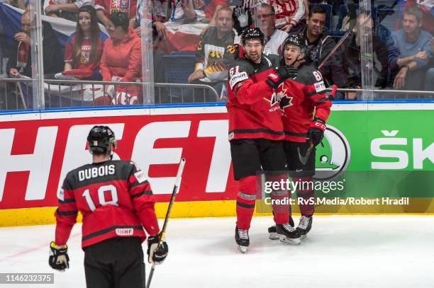 Pierre-Luc Dubois of Canada celebrates his goal with teammates during the 2019 IIHF Ice Hockey World Championship Slovakia semi final game between...