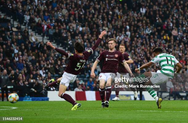 Scott Sinclair of Celtic has a shot on goal during the Scottish Cup Final between Heart of Midlothian FC and Celtic FC at Hampden Park on May 25,...