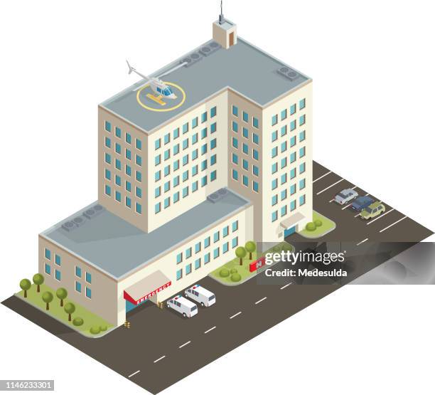 isometrische klinik - hubschrauber landeplatz stock-grafiken, -clipart, -cartoons und -symbole