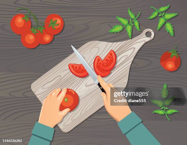 ilustrações, clipart, desenhos animados e ícones de vista aérea de uma pessoa que prepara o alimento - cutting