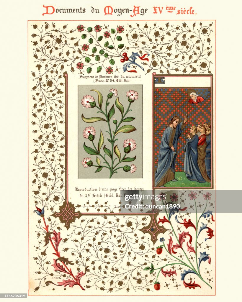 Manuscrito iluminado medieval, Jesús predicando, diseño floral