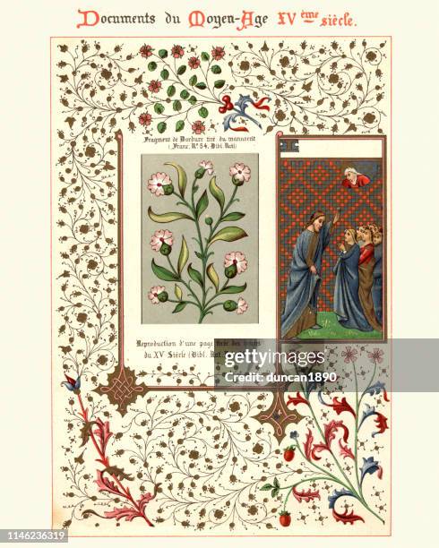 ilustrações de stock, clip art, desenhos animados e ícones de medieval illuminated manuscript, jesus preaching, floral design - clero