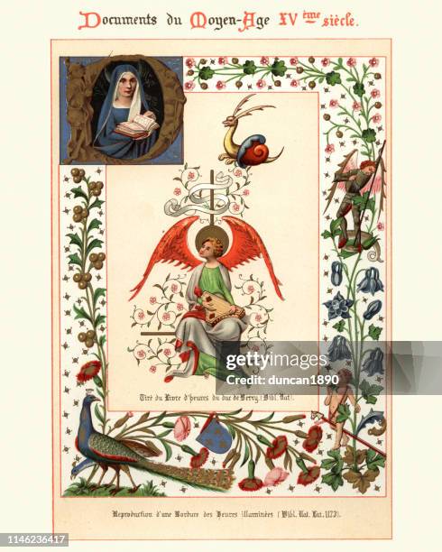 angel, virgin mary, peacocks, st george, medieval art 15th century - saint george saint stock illustrations