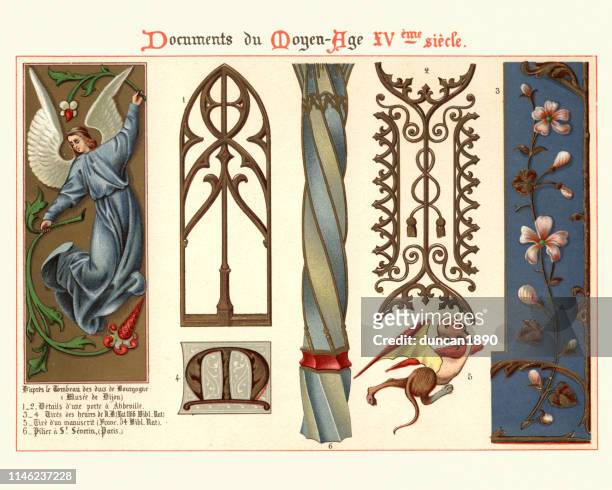 ilustrações, clipart, desenhos animados e ícones de idade média arte decorativa, anjo, floral, detalhes arquitectónicos - anos 1400