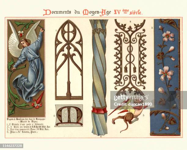 middle ages decorative art, angel, floral, architectural details - manuscript stock illustrations