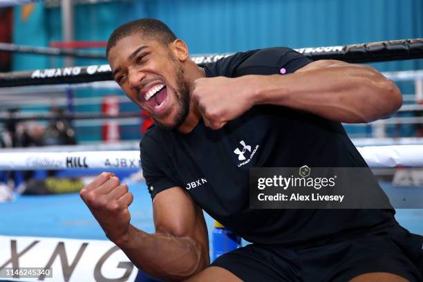 Anthony Joshua poses for photographers after a training session during the Anthony Joshua Media Day at the English Institute of Sport on May 01, 2019...