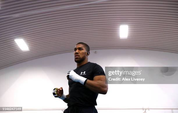 Anthony Joshua warms up during a training session during the Anthony Joshua Media Day at the English Institute of Sport on May 01, 2019 in Sheffield,...