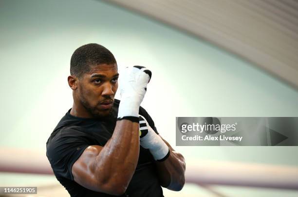 Anthony Joshua warms up during a training session during the Anthony Joshua Media Day at the English Institute of Sport on May 01, 2019 in Sheffield,...