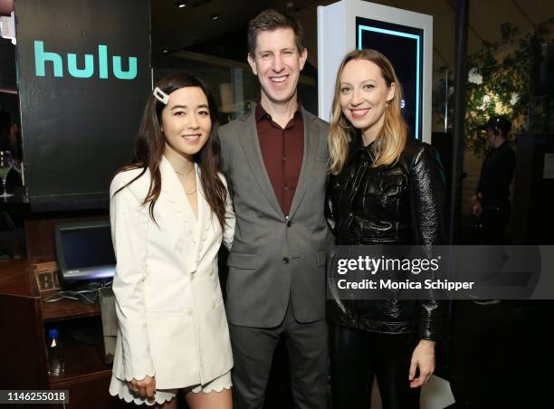Maya Erskine, Head of Content for Hulu Craig Erwich and Anna Konkle pose for a photo during the Hulu '19 Presentation at Hulu Theater at MSG on May...