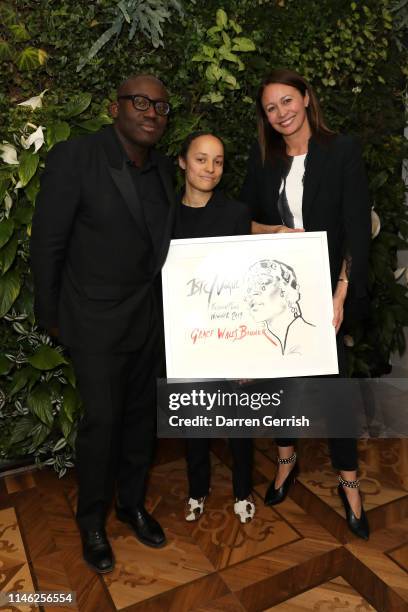 Edward Enninful and Caroline Rush with winner of the BFC/Vogue Designer Fashion Fund, Grace Wales Bonner at BFC/Vogue Designer Fashion Fund...