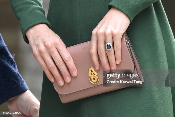 Catherine, Duchess of Cambridge, bag detail, arrives to officially open the new Centre of Excellence at Anna Freud Centre on May 01, 2019 in London,...