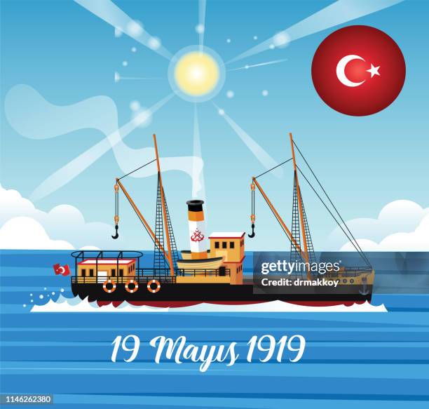 stockillustraties, clipart, cartoons en iconen met 19 mei ataturk herdenking, jeugd en sport festival en bandirma schip - 1919