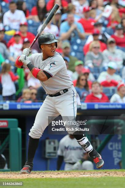 Starlin Castro of the Miami Marlins in action against the Philadelphia Phillies during a game at Citizens Bank Park on April 28, 2019 in...