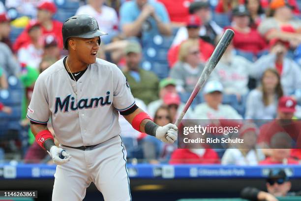 Starlin Castro of the Miami Marlins in action against the Philadelphia Phillies during a game at Citizens Bank Park on April 28, 2019 in...