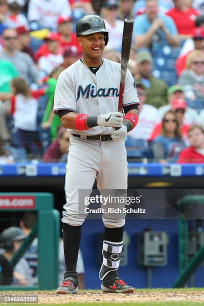 Starlin Castro of the Miami Marlins in action against the Philadelphia Phillies during a game at Citizens Bank Park on April 28, 2019 in...