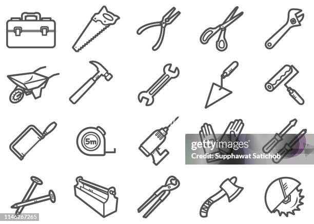 ilustraciones, imágenes clip art, dibujos animados e iconos de stock de herramientas de trabajo línea icono conjunto - hammer and nail