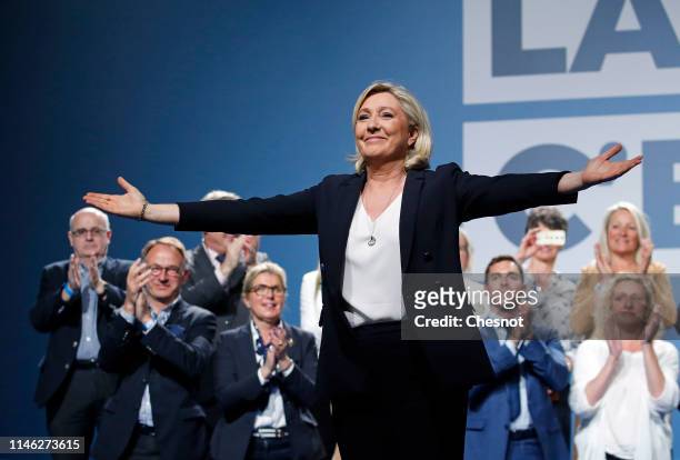 President of the rightwing populist National Rally party, Marine Le Pen, waves during a campaign meeting for upcoming European Elections' on May 01,...