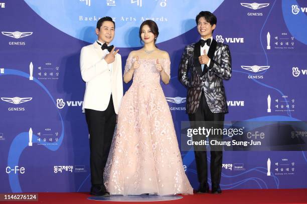 Shin Dong-Yeob, Suzy and Park Bo-gum attend the 55th Baeksang Arts Awards at COEX D Hall on May 01, 2019 in Seoul, South Korea.