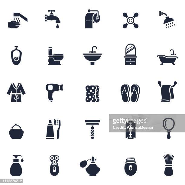 bathroom or shower icon set - restroom sign stock illustrations
