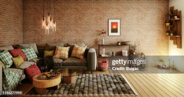 cozy living room - plaid couches stock pictures, royalty-free photos & images