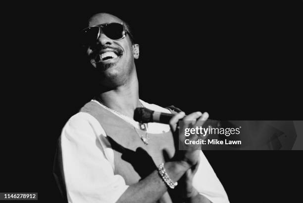 American singer, songwriter, musician, record producer, and multi-instrumentalist Stevie Wonder performing live, UK, 18th May 1984.