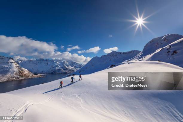 skitouring - powder skiing at  lofoten - norway - winter skiing stock pictures, royalty-free photos & images