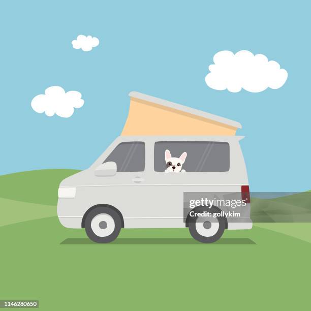 french bulldog looking through the window from inside a camper van - camping car stock illustrations