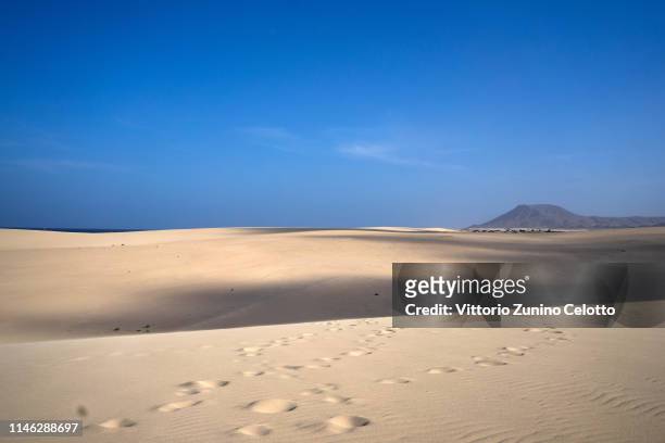 The dunes of Corralejo on May 01, 2019 in Fuerteventura, Spain. Fuerteventura became known as the granary of the Canary islands but frequent droughts...