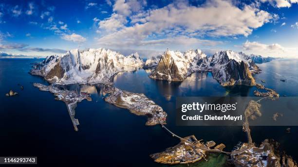panorama of mountains and reine in lofoten islands, norway - xxxl panorama - reine stock pictures, royalty-free photos & images