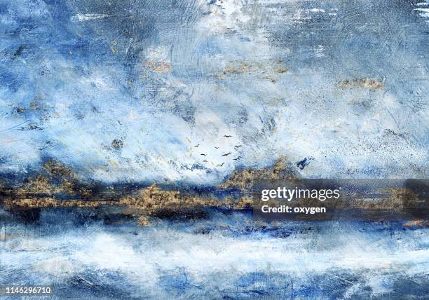 abstract landscape oil painting on canvas with gold glitter - vogelpiek stockfoto's en -beelden