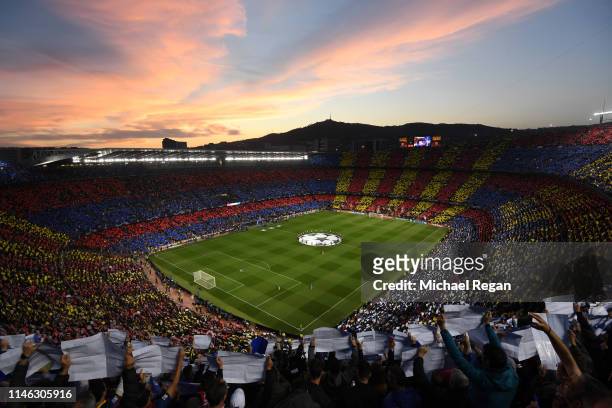 General view inside the stadium as fans shows their support with a Tifo during the UEFA Champions League Semi Final first leg match between Barcelona...
