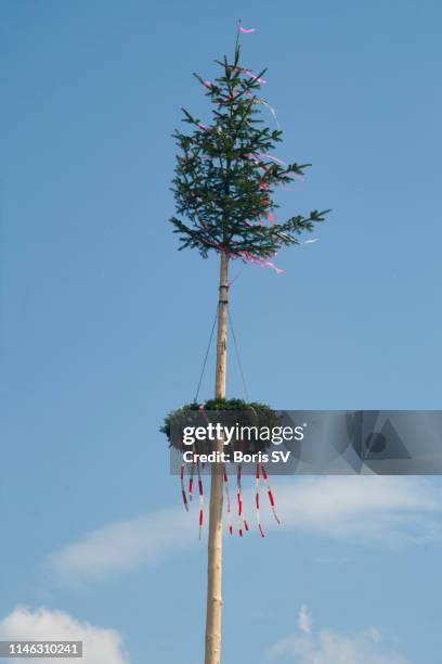 traditional austrian maypole with wreath - maypole stock-fotos und bilder