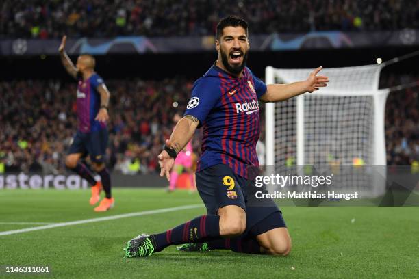 Luis Suarez of Barcelona celebrates after he scores his sides first goal during the UEFA Champions League Semi Final first leg match between...