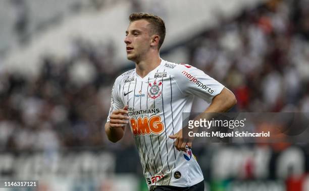 Carlos Augusto of Corinthians celebrates after scoring the opening goal during a match between Corinthians and Chapecoense for the Brasileirao Series...