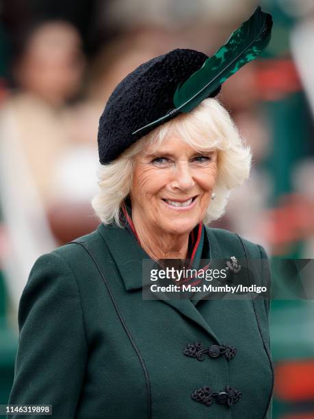 Camilla, Duchess of Cornwall attends a Rifles Medals Parade at Normandy Barracks on May 1, 2019 in Aldershot, England.