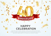 40 years anniversary vector banner template. Fortieth year jubilee with red ribbon and confetti on white background.