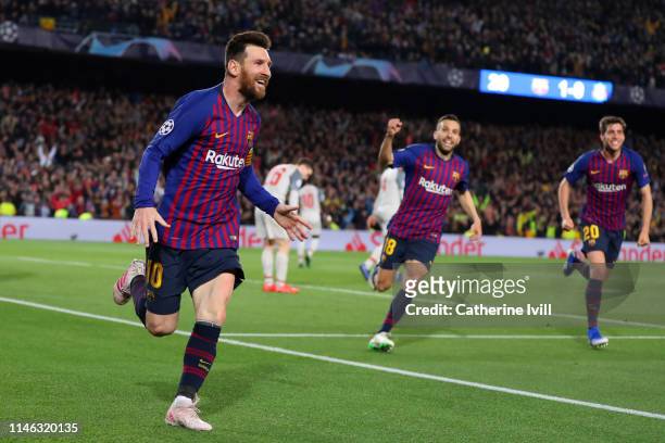 Lionel Messi of Barcelona celebrates after he scores his sides second goal during the UEFA Champions League Semi Final first leg match between...
