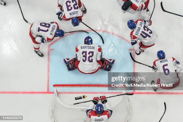 Team Czech Republic makes a circle around Goalie Patrik Bartosak of Czech Republic prior the 2019 IIHF Ice Hockey World Championship Slovakia semi...