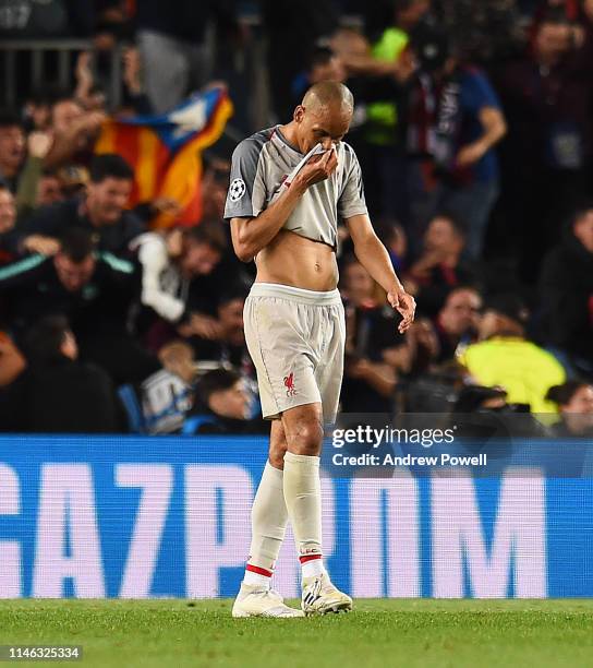 Fabinho of Liverpool dejected during the UEFA Champions League Semi Final first leg match between Barcelona and Liverpool at the Nou Camp on May 01,...