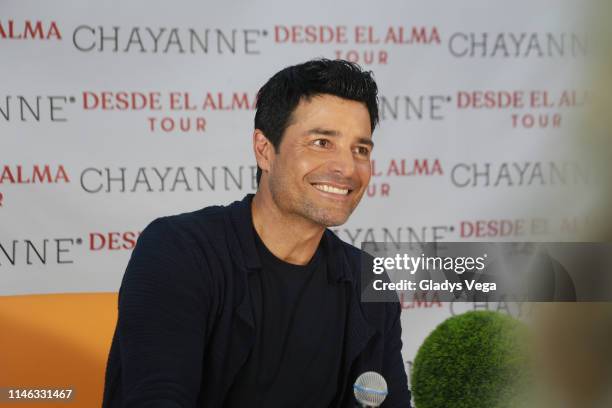 Chayanne speaks during the press conference at Jet Aviation on May 1, 2019 in Carolina, Puerto Rico.