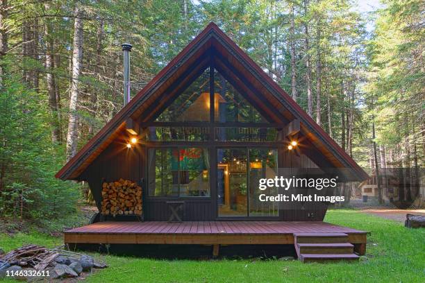 modern house with backyard in forest - log cabin foto e immagini stock