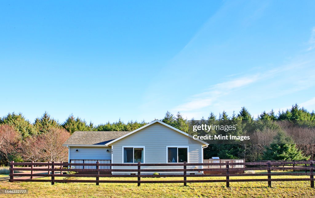 House and fenced yard in rural setting