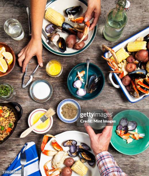 high angle view of hands at seafood dinner - caranguejo marisco imagens e fotografias de stock