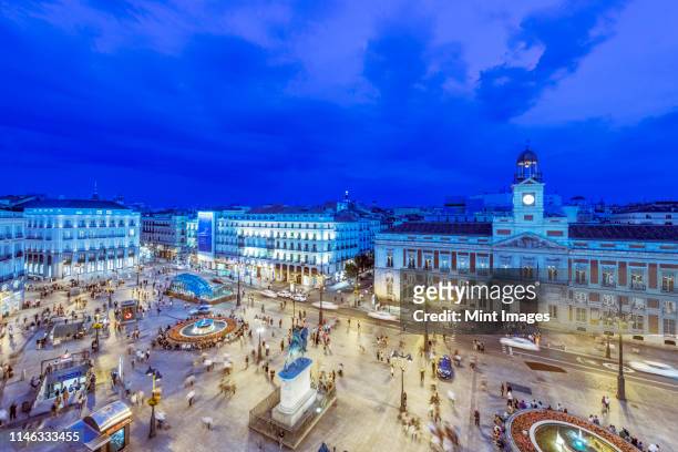 ornate buildings illuminated at night, madrid, madrid, spain - madrid aerial stock pictures, royalty-free photos & images