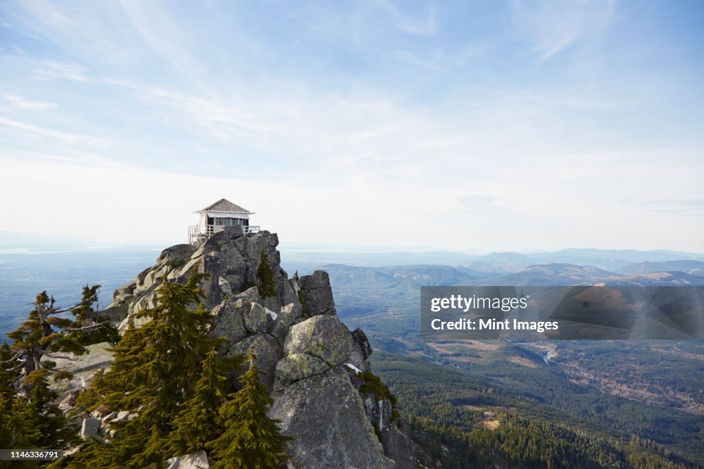 Mt Pilchuck Fire Lookout in remote landscape, Leavenworth, Washington, United States